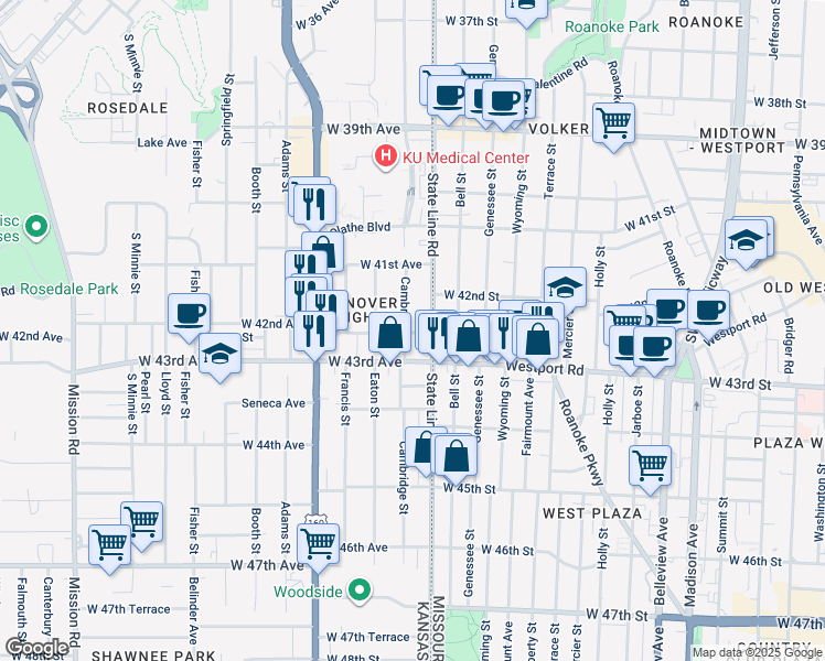 map of restaurants, bars, coffee shops, grocery stores, and more near 1909 West 42nd Avenue in Kansas City
