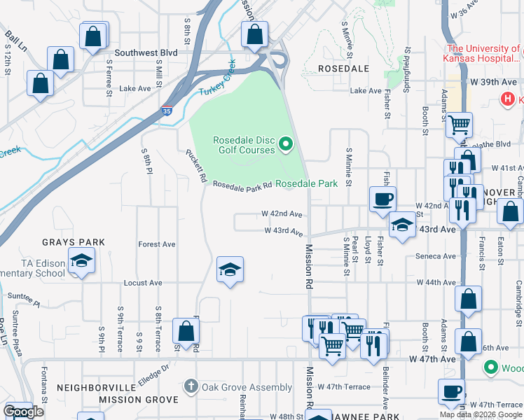 map of restaurants, bars, coffee shops, grocery stores, and more near 3216 West 42nd Avenue in Kansas City