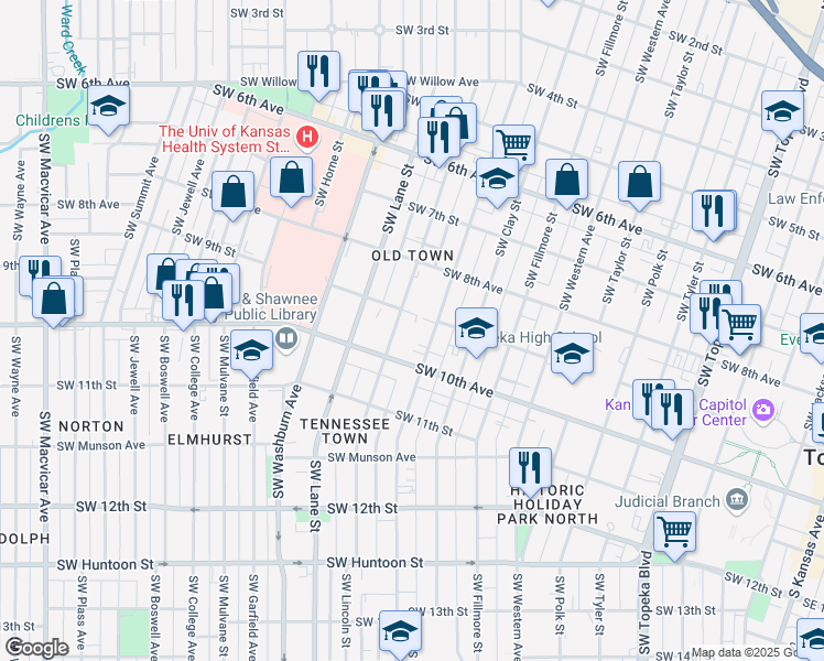 map of restaurants, bars, coffee shops, grocery stores, and more near 930 Southwest Lincoln Street in Topeka