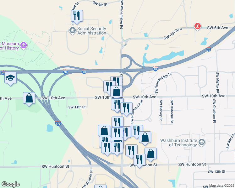 map of restaurants, bars, coffee shops, grocery stores, and more near 6100 Southwest 10th Street in Topeka