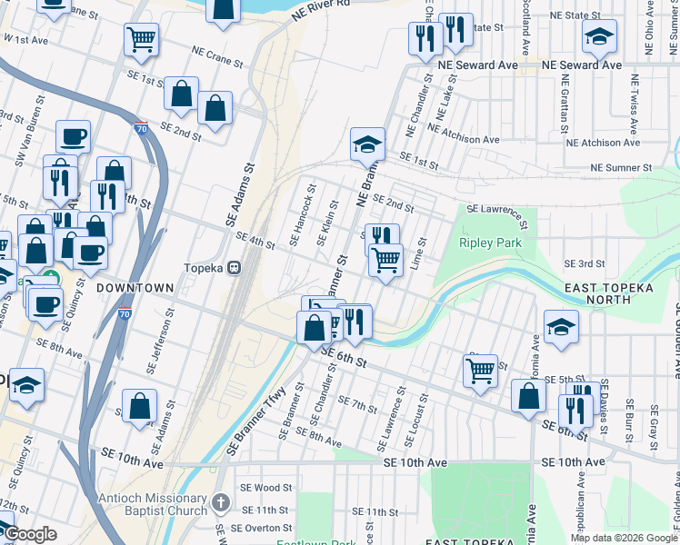 map of restaurants, bars, coffee shops, grocery stores, and more near 1001 Southeast 4th Street in Topeka