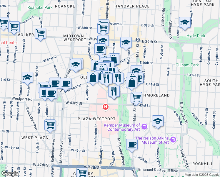map of restaurants, bars, coffee shops, grocery stores, and more near Pennsylvania Ave & W 42nd St in Kansas City