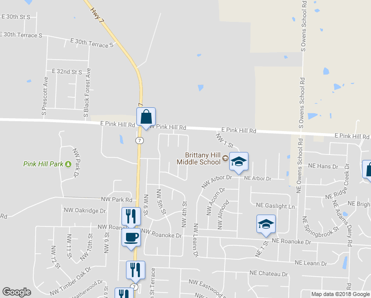 map of restaurants, bars, coffee shops, grocery stores, and more near 2809 Northwest 3rd Terrace in Blue Springs