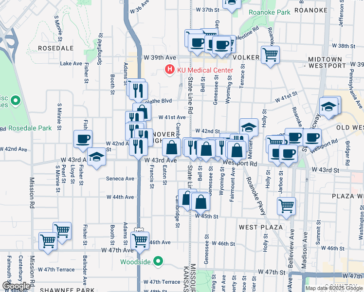 map of restaurants, bars, coffee shops, grocery stores, and more near 1909 West 42nd Avenue in Kansas City
