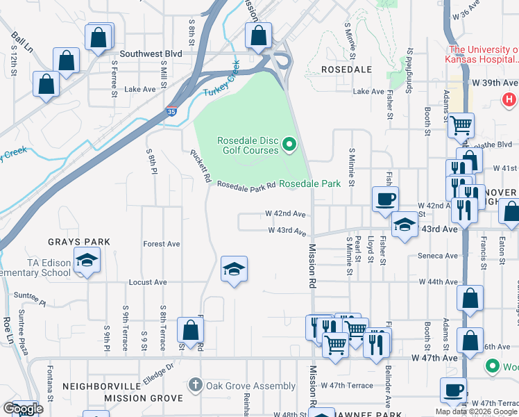 map of restaurants, bars, coffee shops, grocery stores, and more near 3216 West 42nd Avenue in Kansas City