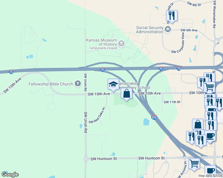 map of restaurants, bars, coffee shops, grocery stores, and more near 6630 Southwest 10th Street in Topeka