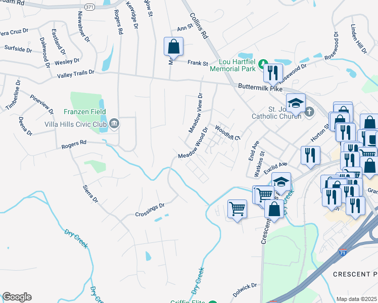 map of restaurants, bars, coffee shops, grocery stores, and more near 722 Meadow Wood Drive in Crescent Springs