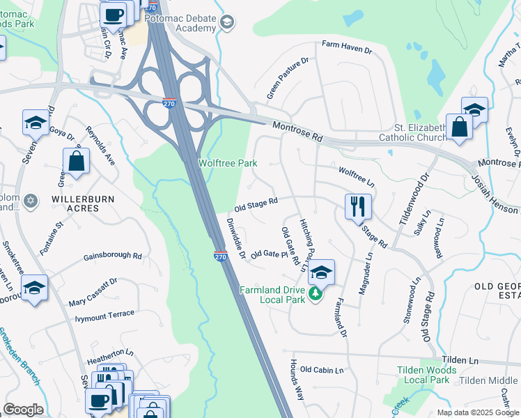 map of restaurants, bars, coffee shops, grocery stores, and more near 7214 Old Stage Road in Rockville