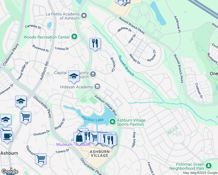 map of restaurants, bars, coffee shops, grocery stores, and more near 44198 Mossy Brook Square in Ashburn