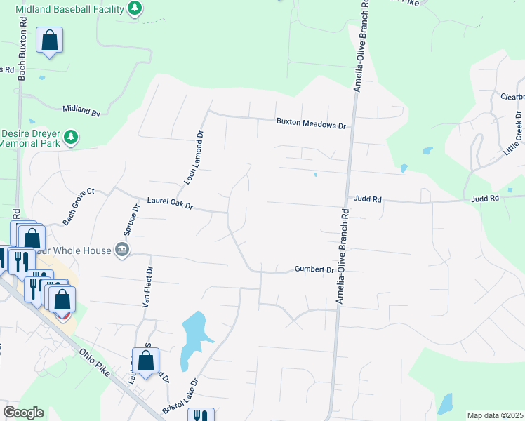 map of restaurants, bars, coffee shops, grocery stores, and more near 1387 Whitaker Ln in Amelia