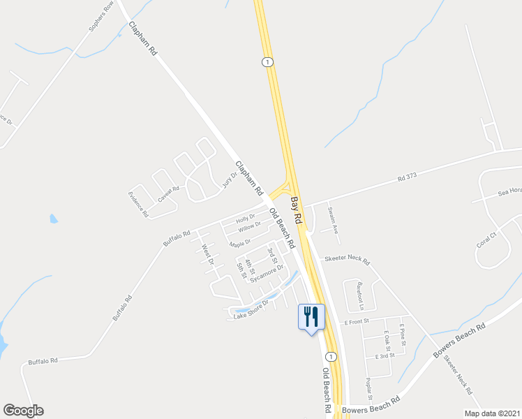 map of restaurants, bars, coffee shops, grocery stores, and more near 179 Holly Drive in Frederica