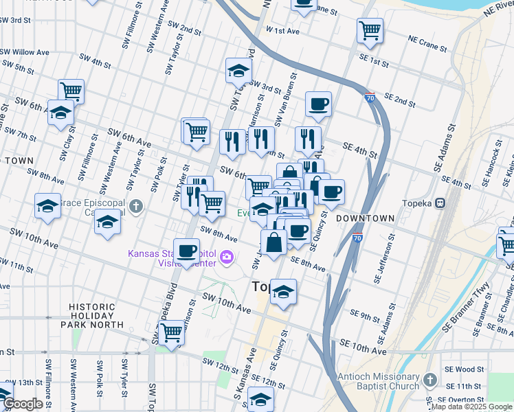 map of restaurants, bars, coffee shops, grocery stores, and more near 222 Southwest 7th Street in Topeka