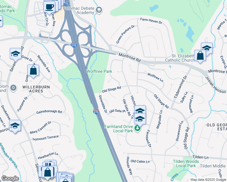 map of restaurants, bars, coffee shops, grocery stores, and more near 7214 Old Stage Road in Rockville
