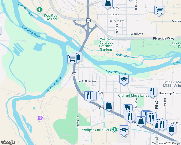 map of restaurants, bars, coffee shops, grocery stores, and more near 1631 Laveta Street in Grand Junction
