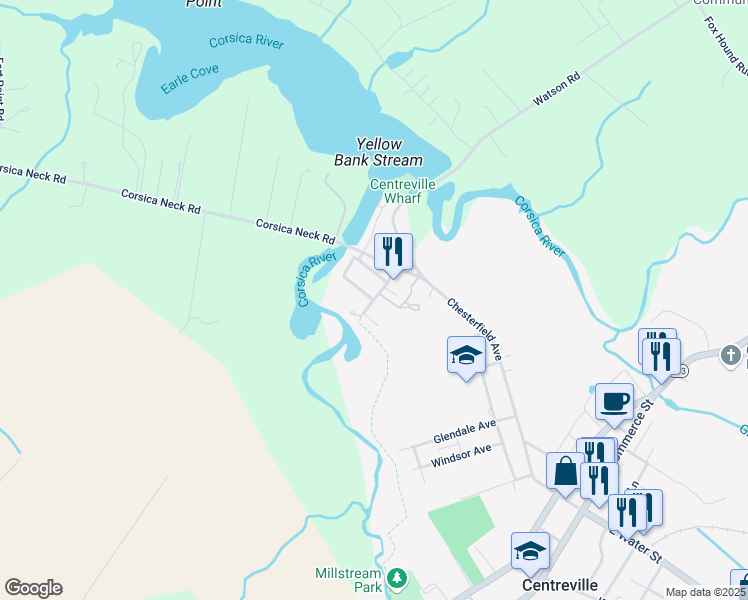 map of restaurants, bars, coffee shops, grocery stores, and more near Creamery Lane in Centreville