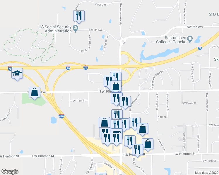 map of restaurants, bars, coffee shops, grocery stores, and more near 6100 Southwest 10th Street in Topeka