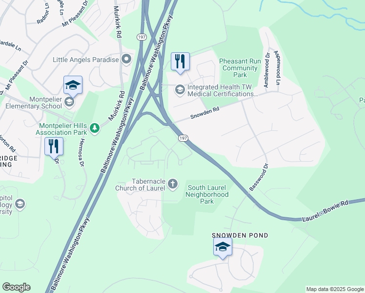 map of restaurants, bars, coffee shops, grocery stores, and more near 11735 South Laurel Drive in Laurel
