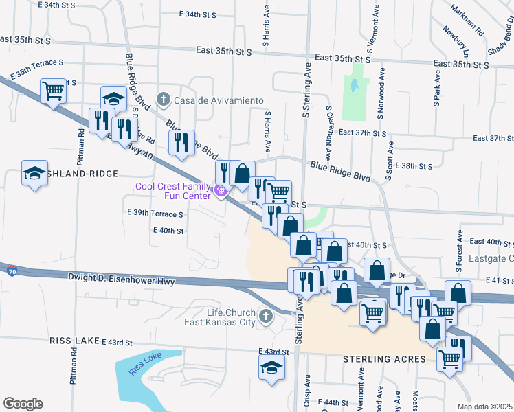 map of restaurants, bars, coffee shops, grocery stores, and more near 10908 East US Highway 40 in Independence