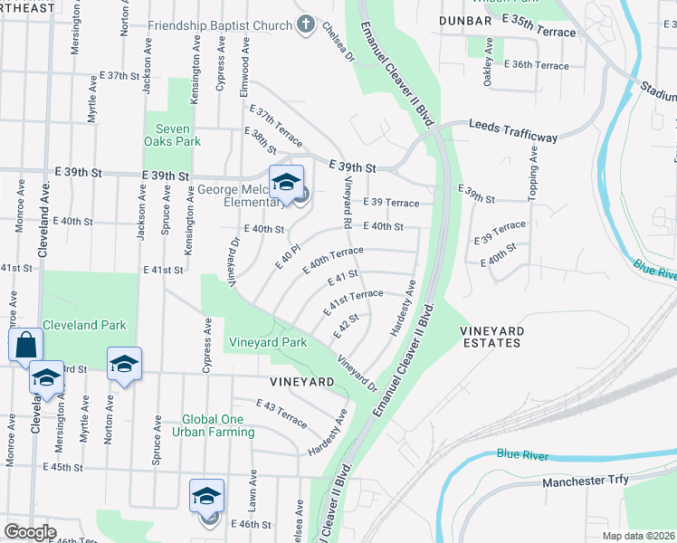 map of restaurants, bars, coffee shops, grocery stores, and more near 5011 East 41 Street in Kansas City