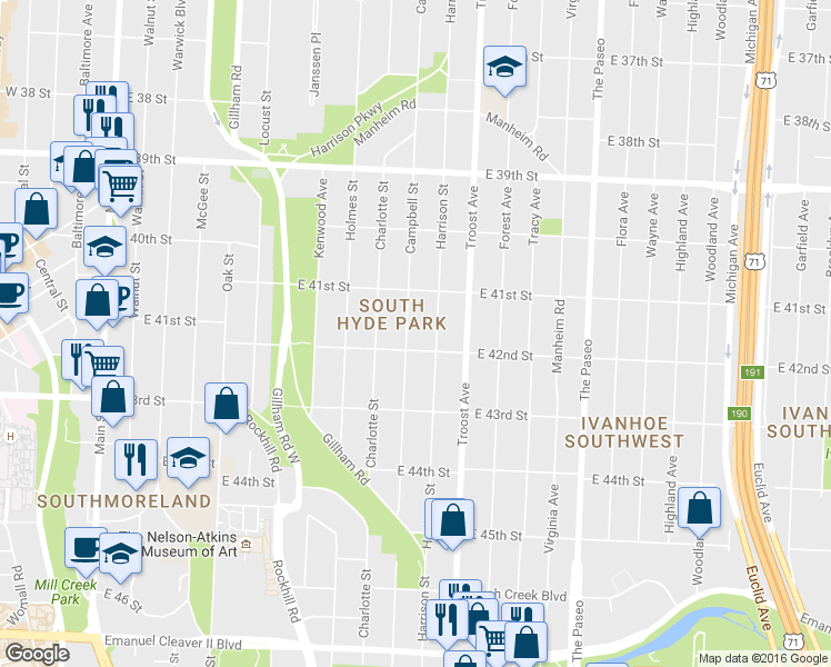 map of restaurants, bars, coffee shops, grocery stores, and more near 4144 Campbell Street in Kansas City