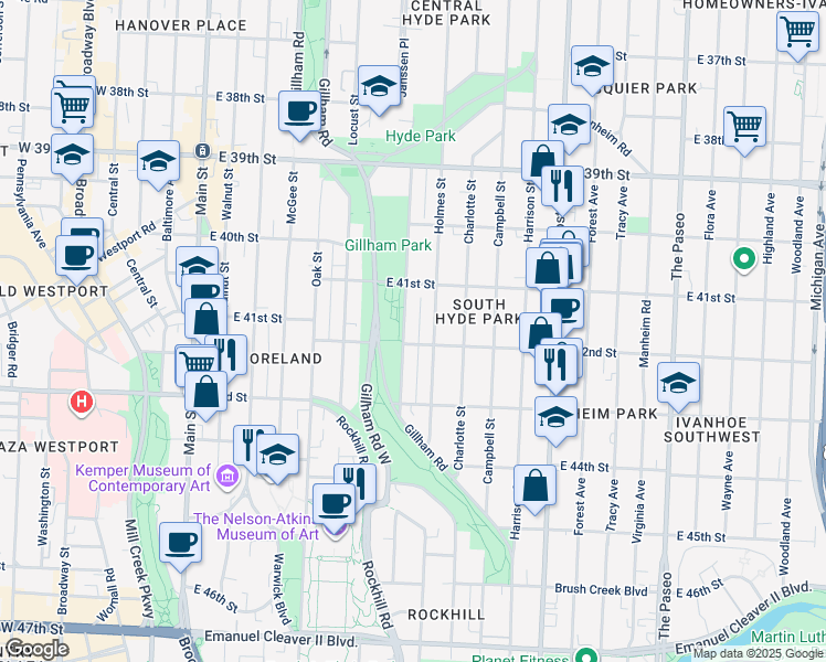 map of restaurants, bars, coffee shops, grocery stores, and more near 4147 Kenwood Avenue in Kansas City