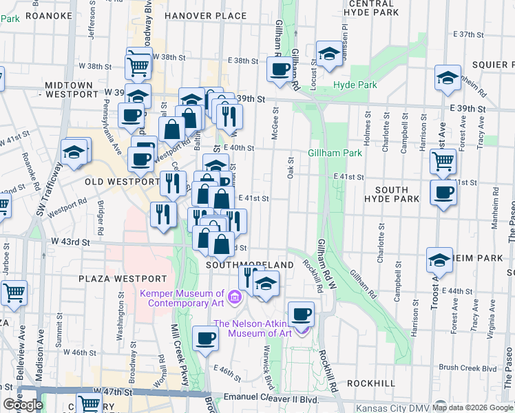 map of restaurants, bars, coffee shops, grocery stores, and more near 4111 Warwick Boulevard in Kansas City