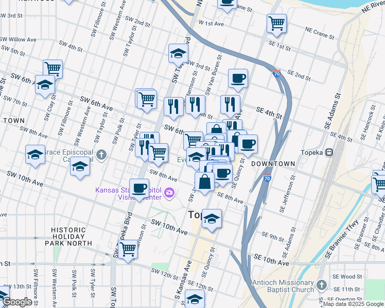 map of restaurants, bars, coffee shops, grocery stores, and more near 212 Southwest 7th Street in Topeka