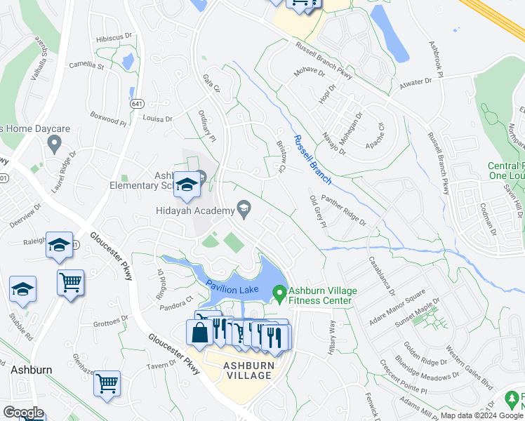 map of restaurants, bars, coffee shops, grocery stores, and more near 44178 Mossy Brook Square in Ashburn