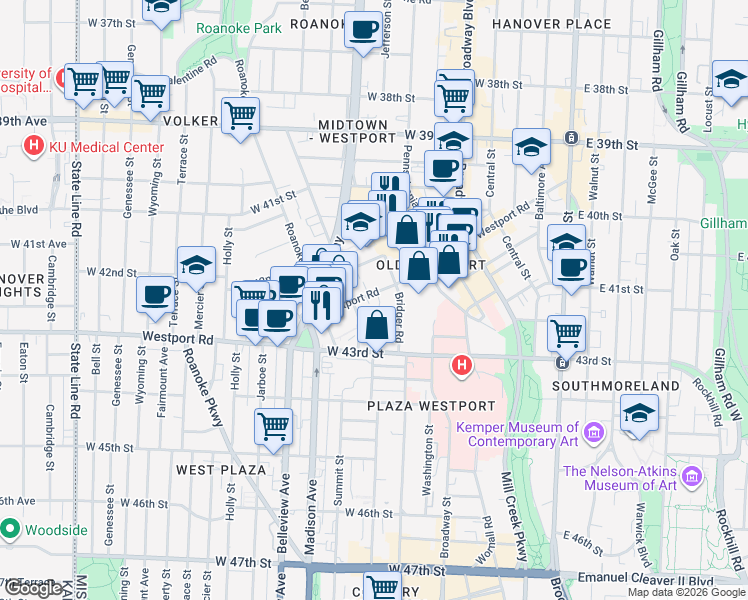 map of restaurants, bars, coffee shops, grocery stores, and more near 701 Westport Road in Kansas City