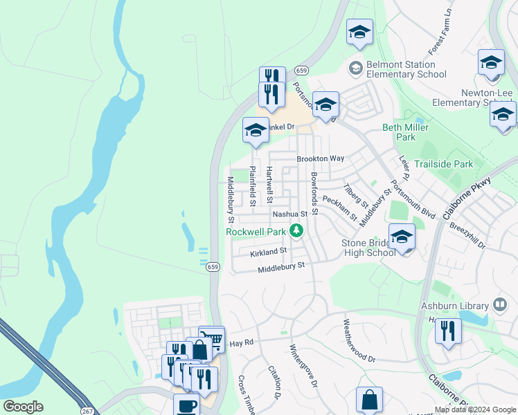 map of restaurants, bars, coffee shops, grocery stores, and more near 42886 Nashua Street in Ashburn