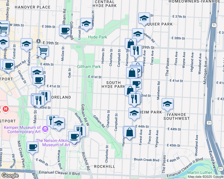 map of restaurants, bars, coffee shops, grocery stores, and more near 4131 Charlotte Street in Kansas City