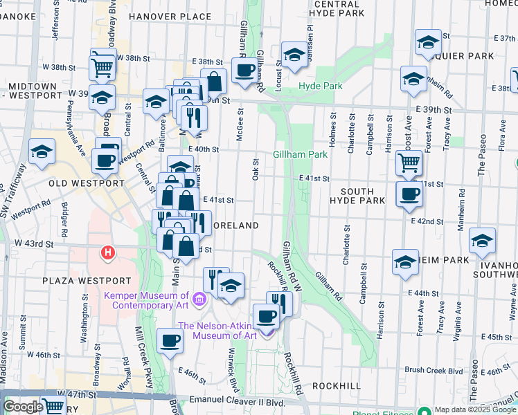 map of restaurants, bars, coffee shops, grocery stores, and more near 4133 Oak Street in Kansas City
