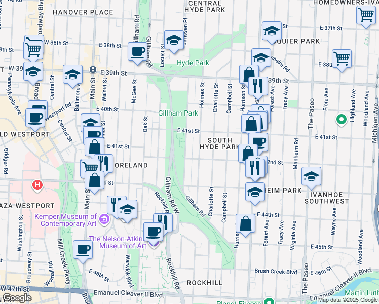 map of restaurants, bars, coffee shops, grocery stores, and more near 4147 Kenwood Avenue in Kansas City