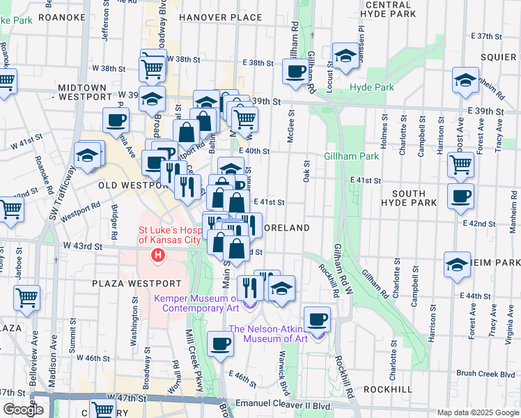 map of restaurants, bars, coffee shops, grocery stores, and more near 4104 Warwick Boulevard in Kansas City