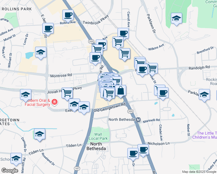 map of restaurants, bars, coffee shops, grocery stores, and more near 11580 Old Georgetown Road in North Bethesda