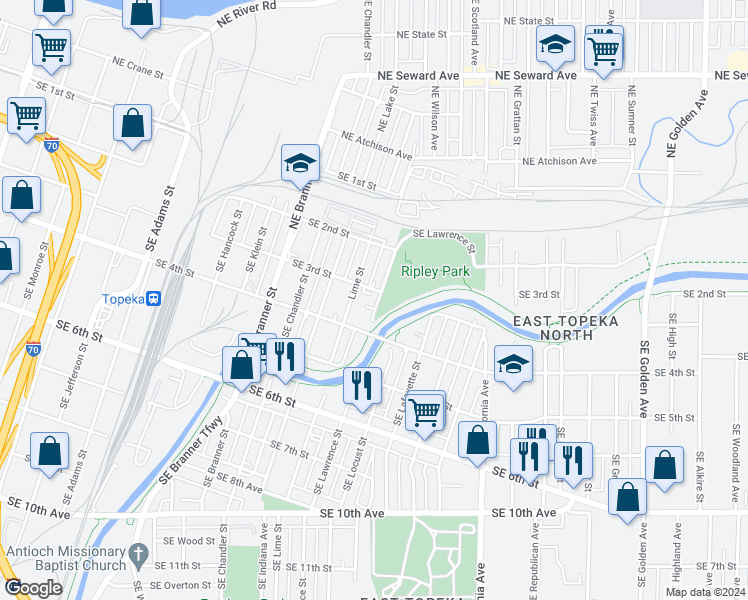 map of restaurants, bars, coffee shops, grocery stores, and more near 307 Southeast Lawrence Street in Topeka