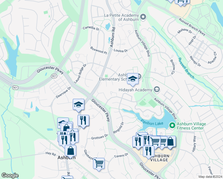 map of restaurants, bars, coffee shops, grocery stores, and more near 43950 Bonlee Square in Ashburn