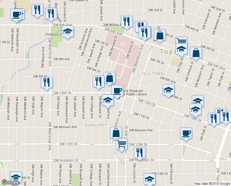 map of restaurants, bars, coffee shops, grocery stores, and more near 1601 SW 10th St in Topeka
