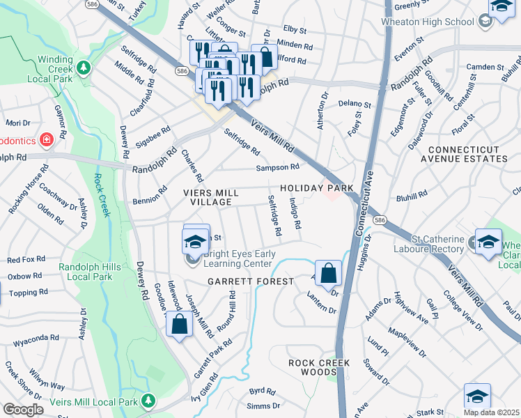 map of restaurants, bars, coffee shops, grocery stores, and more near 4104 Tulare Drive in Silver Spring