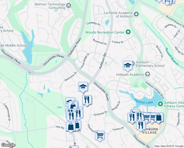 map of restaurants, bars, coffee shops, grocery stores, and more near 20379 Snowpoint Place in Ashburn