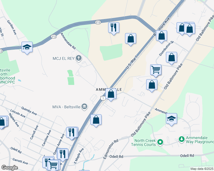 map of restaurants, bars, coffee shops, grocery stores, and more near 6299 Ammendale Road in Beltsville