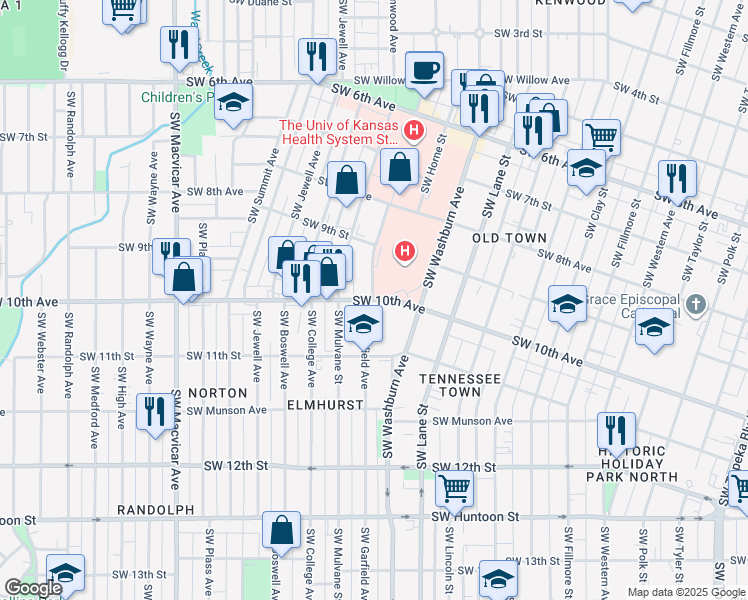 map of restaurants, bars, coffee shops, grocery stores, and more near SW 10th Ave & SW Garfield Ave in Topeka