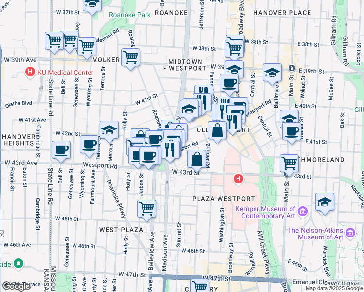 map of restaurants, bars, coffee shops, grocery stores, and more near 697 Westport Road in Kansas City