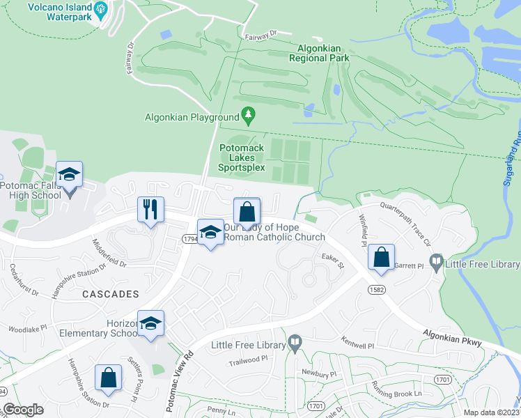 map of restaurants, bars, coffee shops, grocery stores, and more near 46832 Graham Cove Square in Sterling