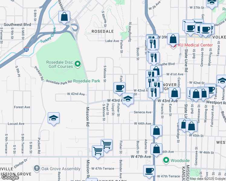 map of restaurants, bars, coffee shops, grocery stores, and more near W 42nd Ave & Lloyd St in Kansas City
