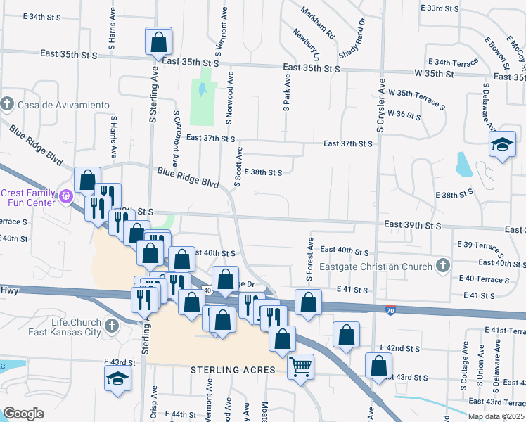 map of restaurants, bars, coffee shops, grocery stores, and more near 11608 East 39th Street South in Independence