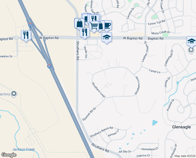 map of restaurants, bars, coffee shops, grocery stores, and more near 760 Struthers Loop in Colorado Springs