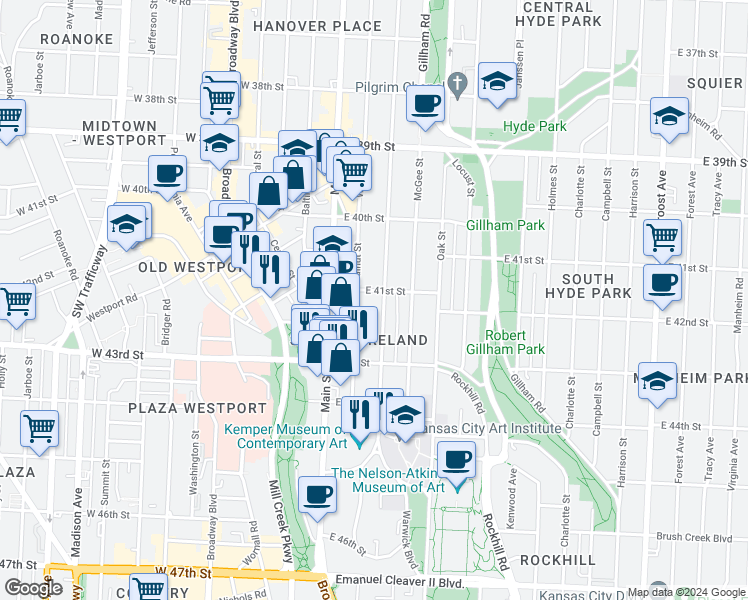 map of restaurants, bars, coffee shops, grocery stores, and more near 4111 Warwick Boulevard in Kansas City