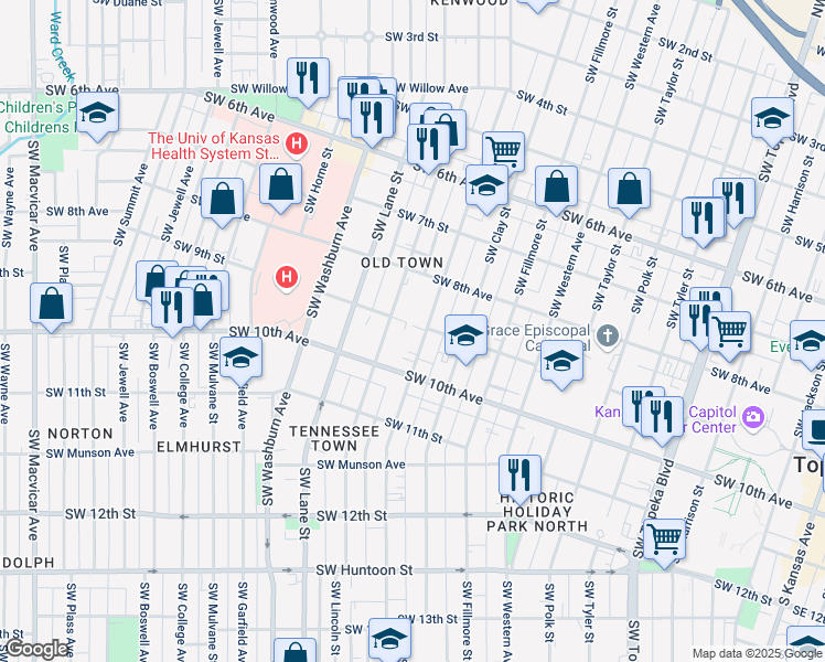 map of restaurants, bars, coffee shops, grocery stores, and more near 908 Southwest Buchanan Street in Topeka