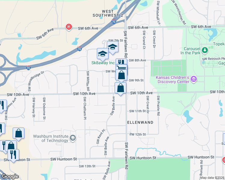 map of restaurants, bars, coffee shops, grocery stores, and more near 1001 SW Belle Ave in Topeka